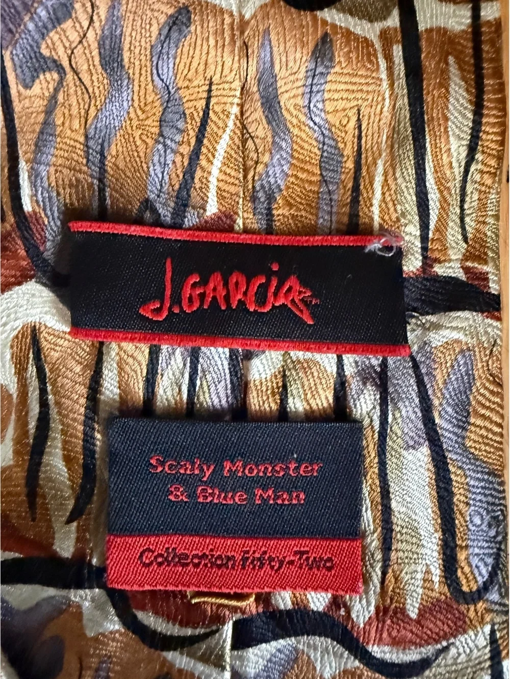 J Garcia Scaly Monster & Blue Man Silk Tie Abstract Art Brown Gray 3.25”